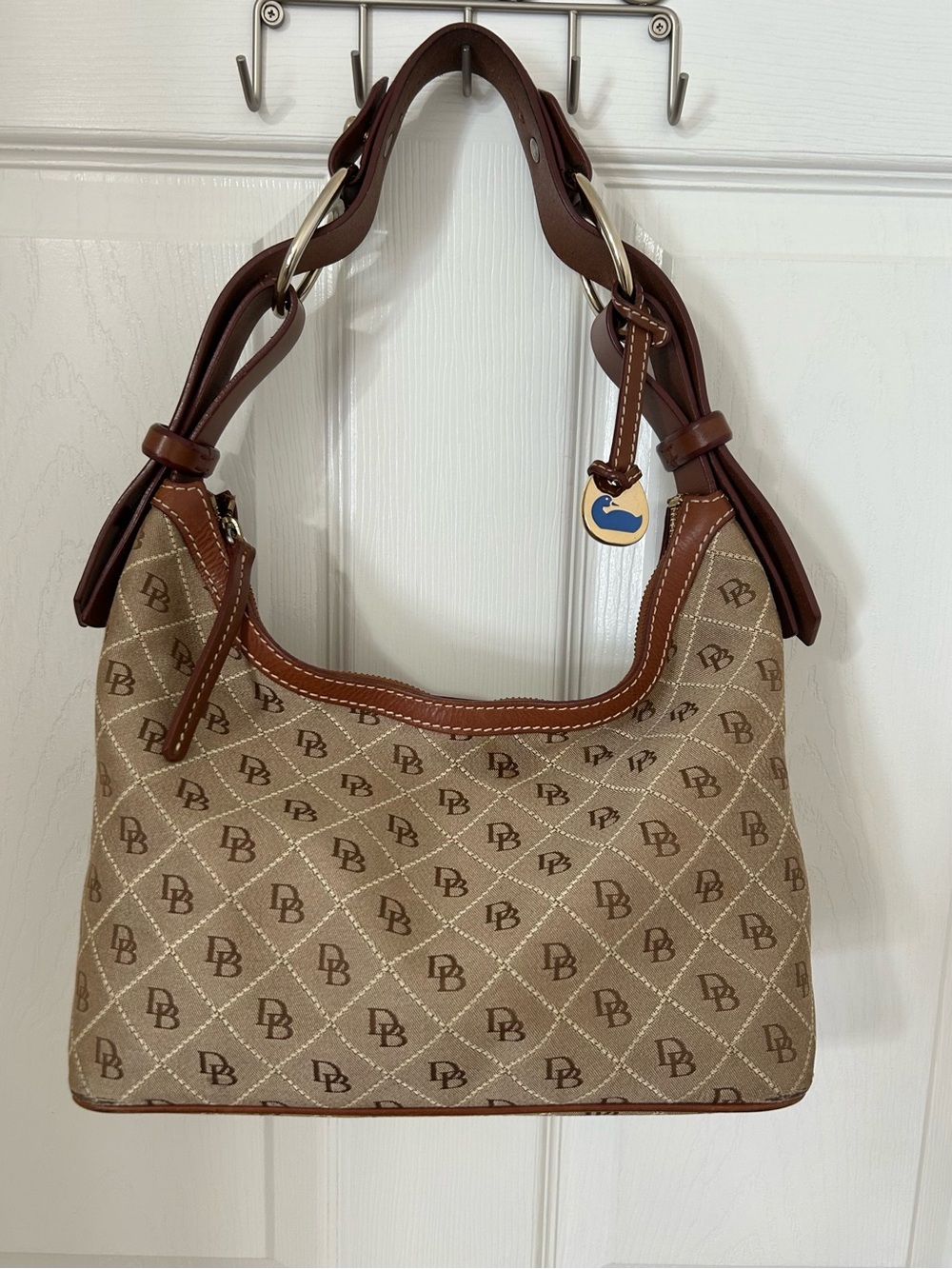 Dooney & Bourke Tan Beige Monogram Shoulder Bag with Brown Leather Trim